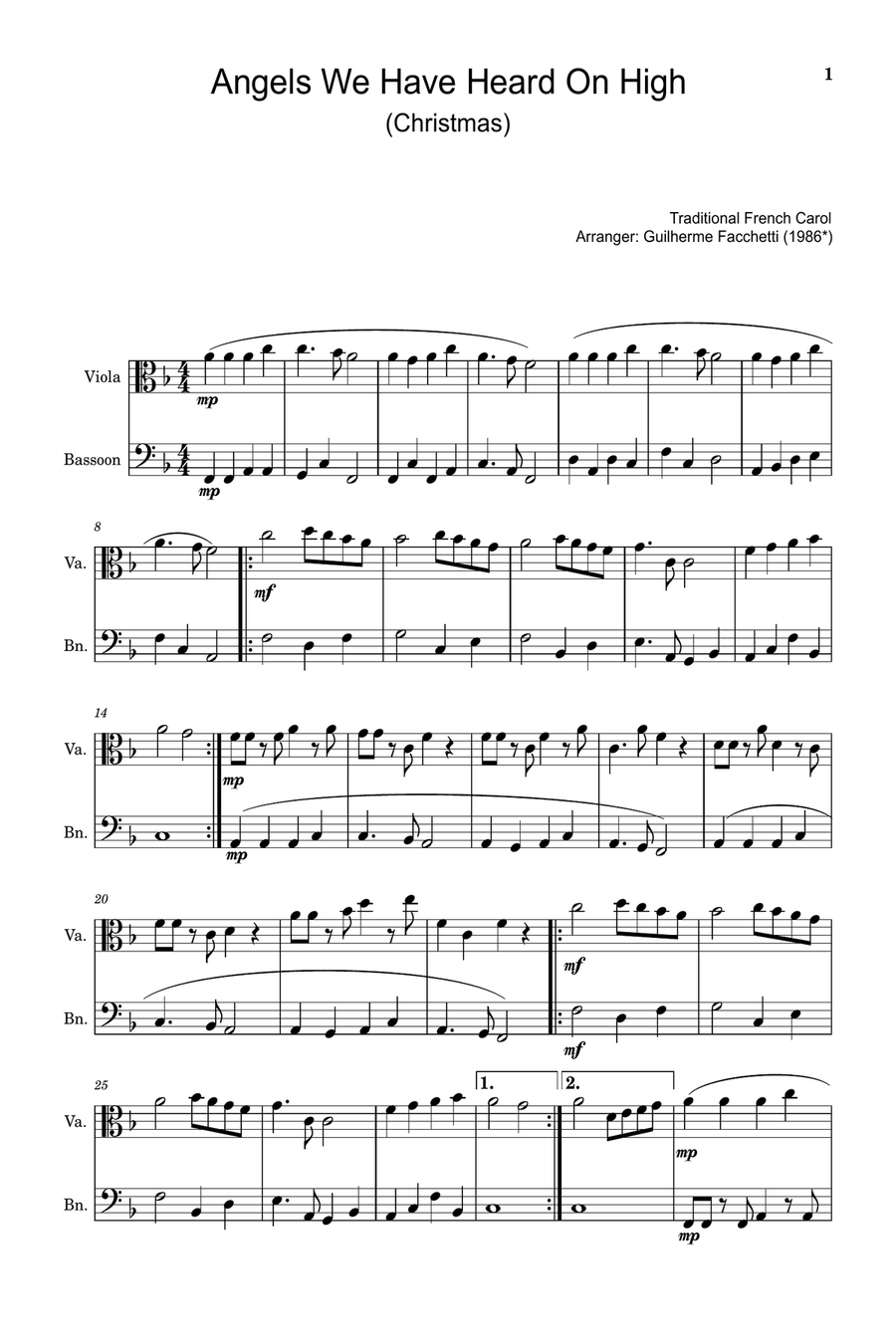 Angels We Have Heard On High - Arranged for Viola and Bassoon. Chamber Music scores gallery preview page 1