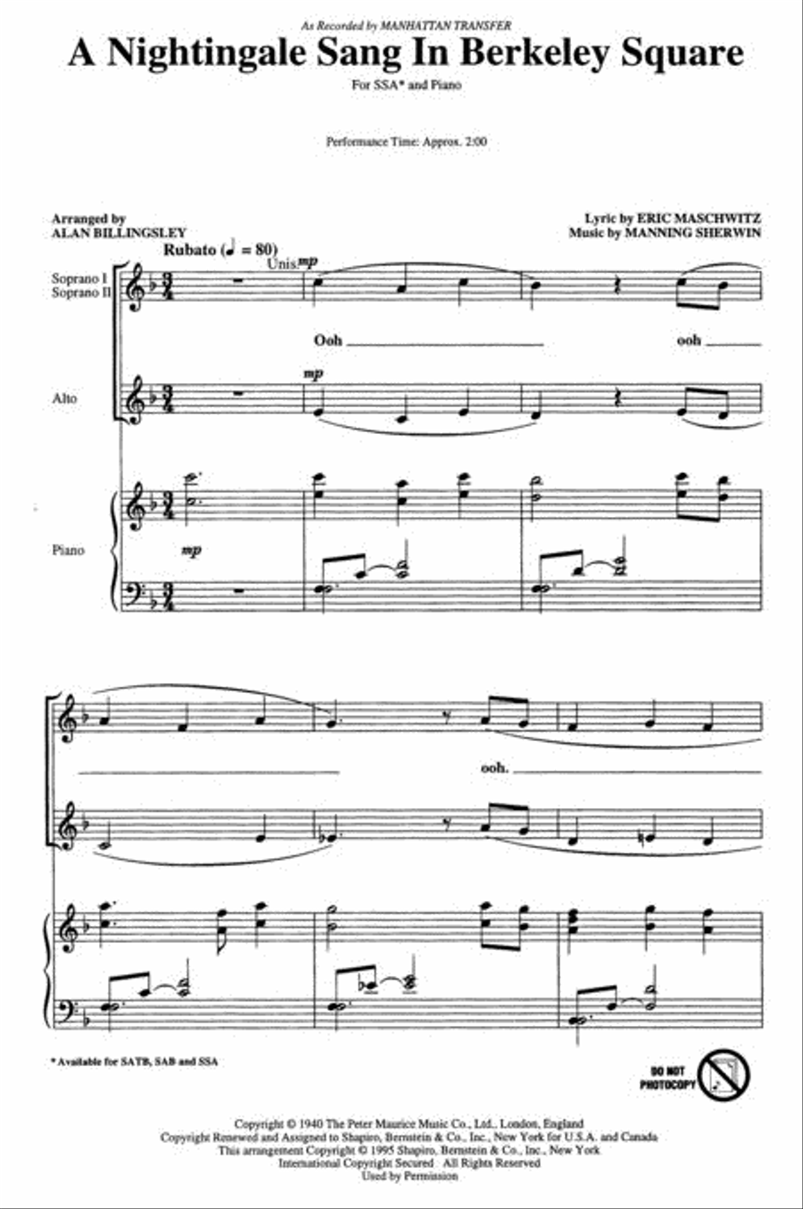 A Nightingale Sang in Berkeley Square SSA scores gallery preview page 2