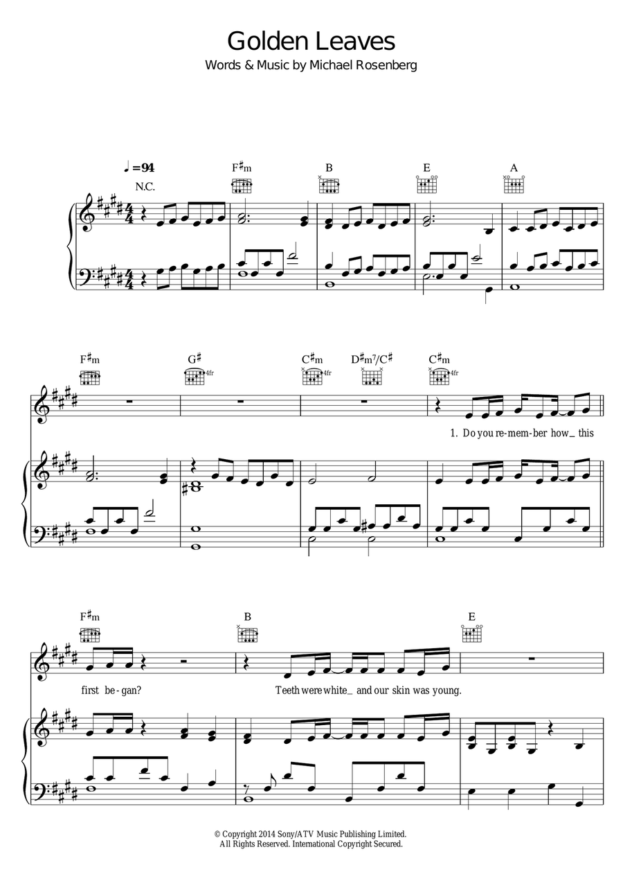 Golden Leaves Piano, Vocal scores gallery preview page 1