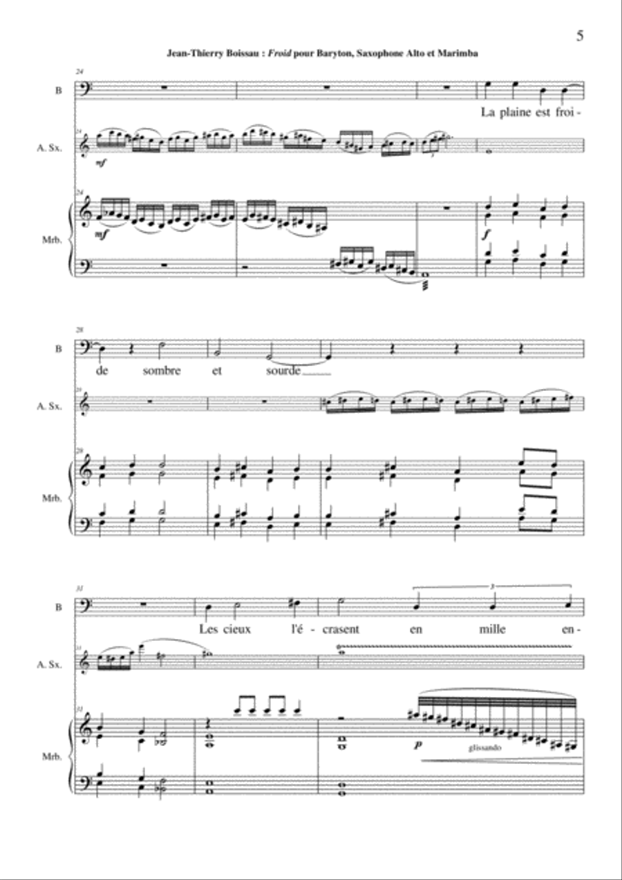 Jean-Thierry Boisseau Froid for baritone voice, alto saxophone and maribma (or piano) Small Ensemble scores gallery preview page 5