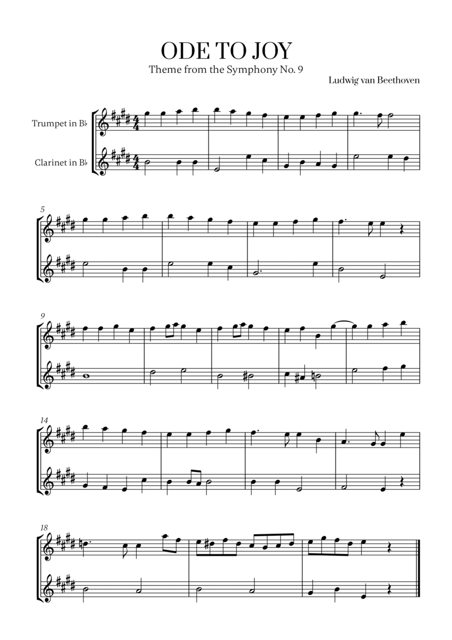 L. v. Beethoven - Ode to Joy (from Symphony No. 9) (for Trumpet and Clarinet) B-Flat Clarinet scores gallery preview page 1