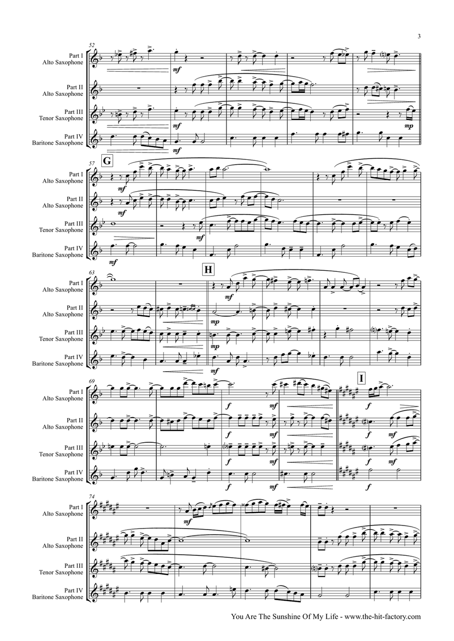 You Are The Sunshine Of My Life Saxophone Quartet scores gallery preview page 3