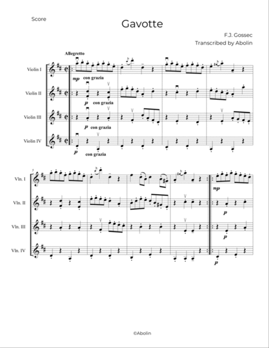 Gossec: Gavotte - Violin Quartet Chamber Music scores gallery preview page 2