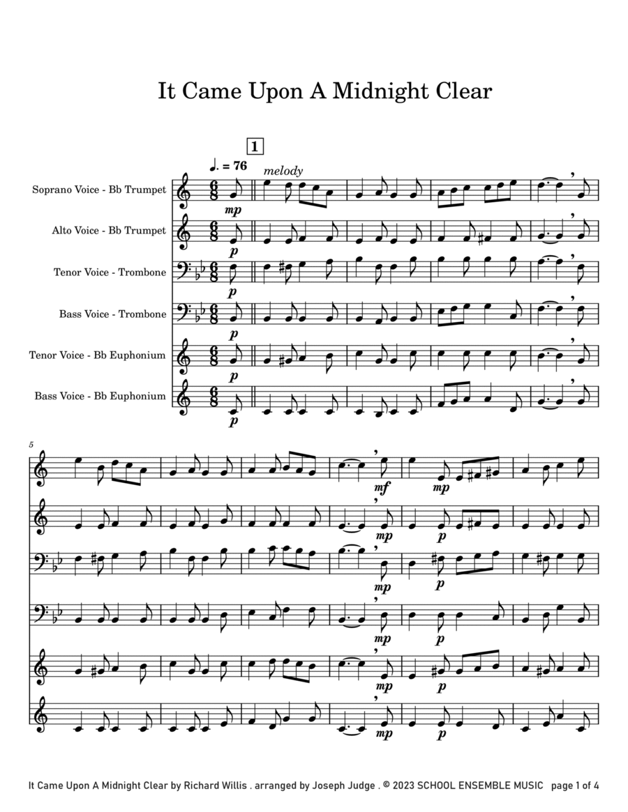 It Came Upon A Midnight Clear for Brass Quartet in Schools Brass Quartet scores gallery preview page 1