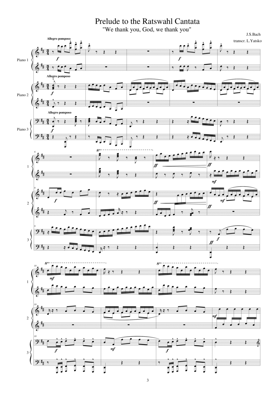 J.S.Bach, Prelude to the Ratswahl Cantata, for 1 piano 6 hands Piano scores gallery preview page 1