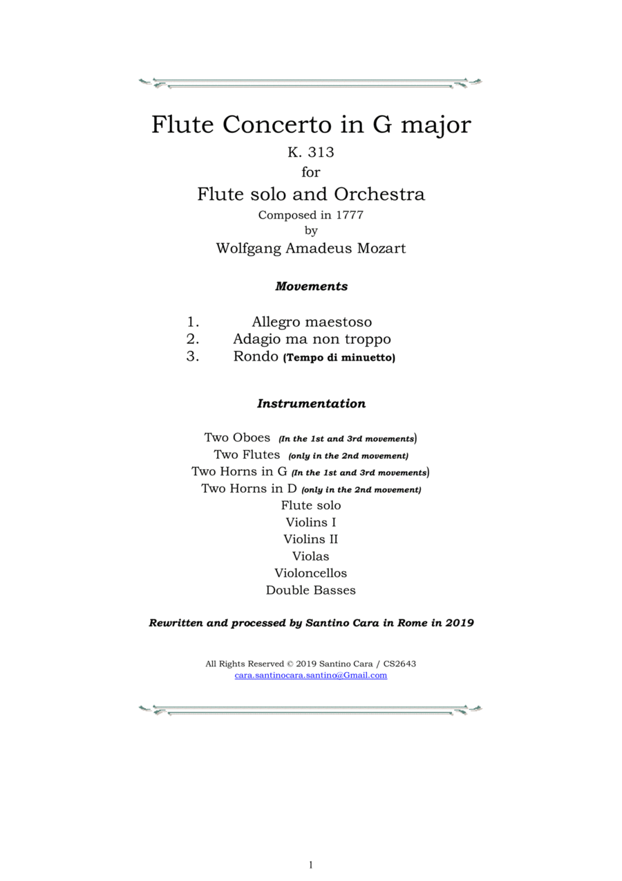 Mozart - Flute Concerto in G major K 313 for Flute and Orchestra - Score and Parts Chamber Orchestra scores gallery preview page 1