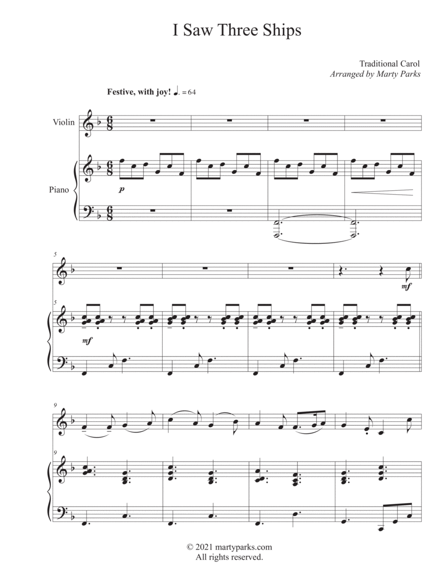 I Saw Three Ships (Violin-Piano) Violin Solo scores gallery preview page 1
