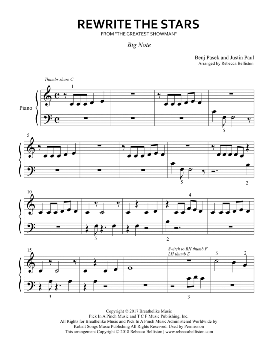 Rewrite The Stars Easy Piano scores gallery preview page 1