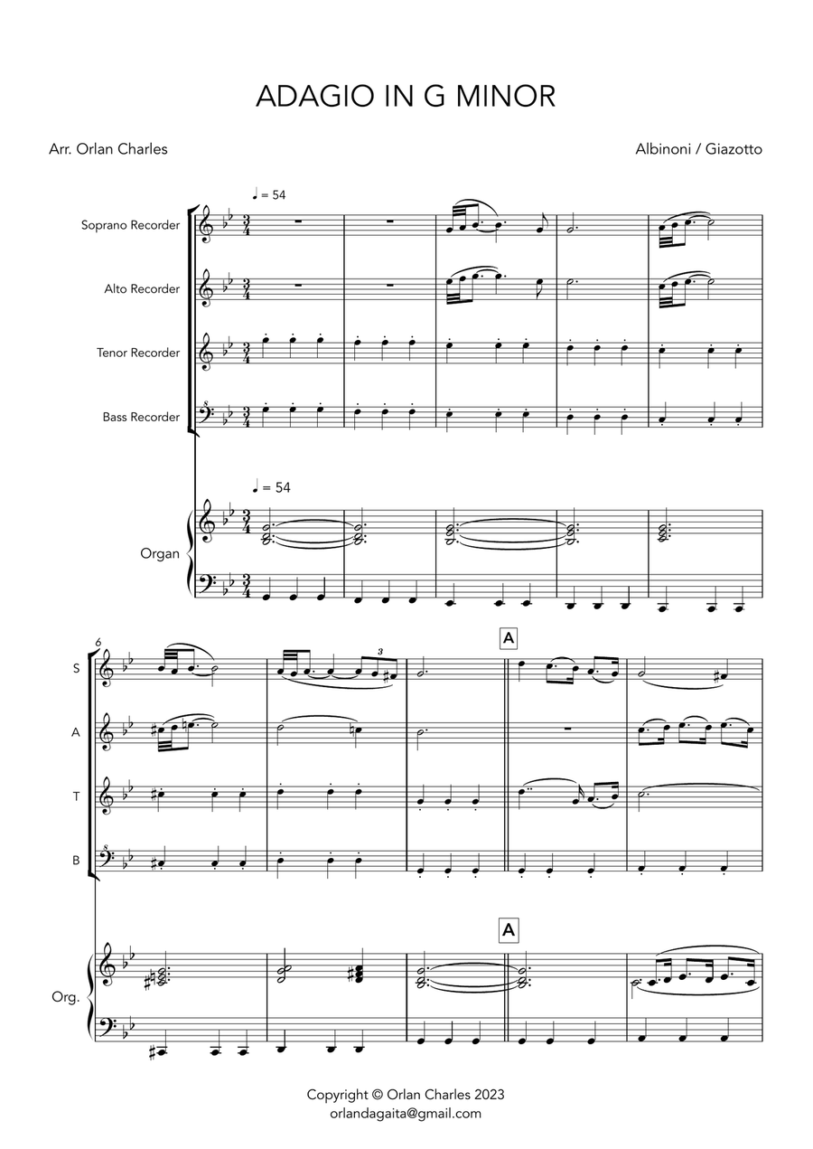 Albinoni / Giazotto - Adagio in G Minor - for Recorder Quartet and Organ Soprano Recorder scores gallery preview page 1