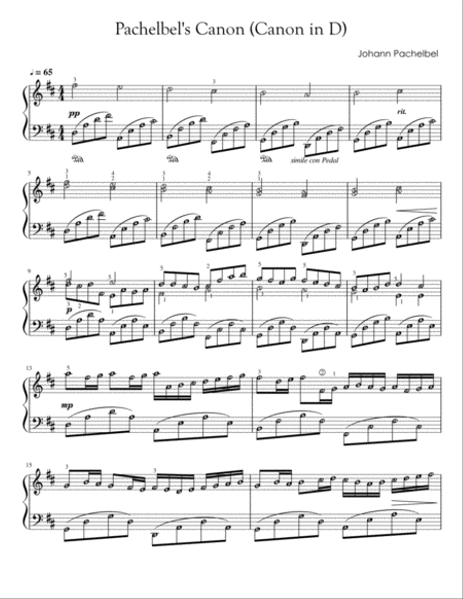 Canon in D Pachelbel's (with note names and finger numbers) Intermediate Piano Solo scores gallery preview page 1