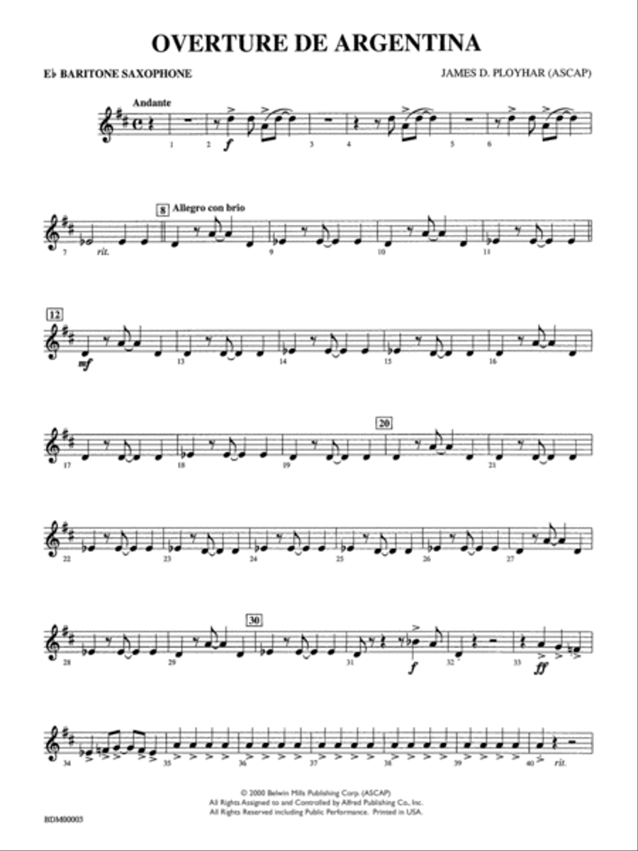 Overture de Argentina: E-flat Baritone Saxophone Concert Band scores gallery preview page 1