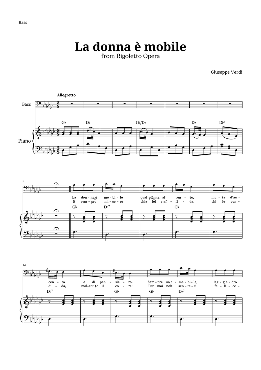 La donna è mobile in G-flat major for Bass and Piano Piano, Vocal scores gallery preview page 1