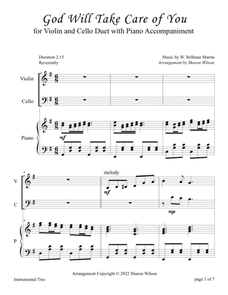 God Will Take Care of You (for Violin and Cello Duet with Piano Accompaniment) by Sharon Wilson Cello - Digital Sheet Music
