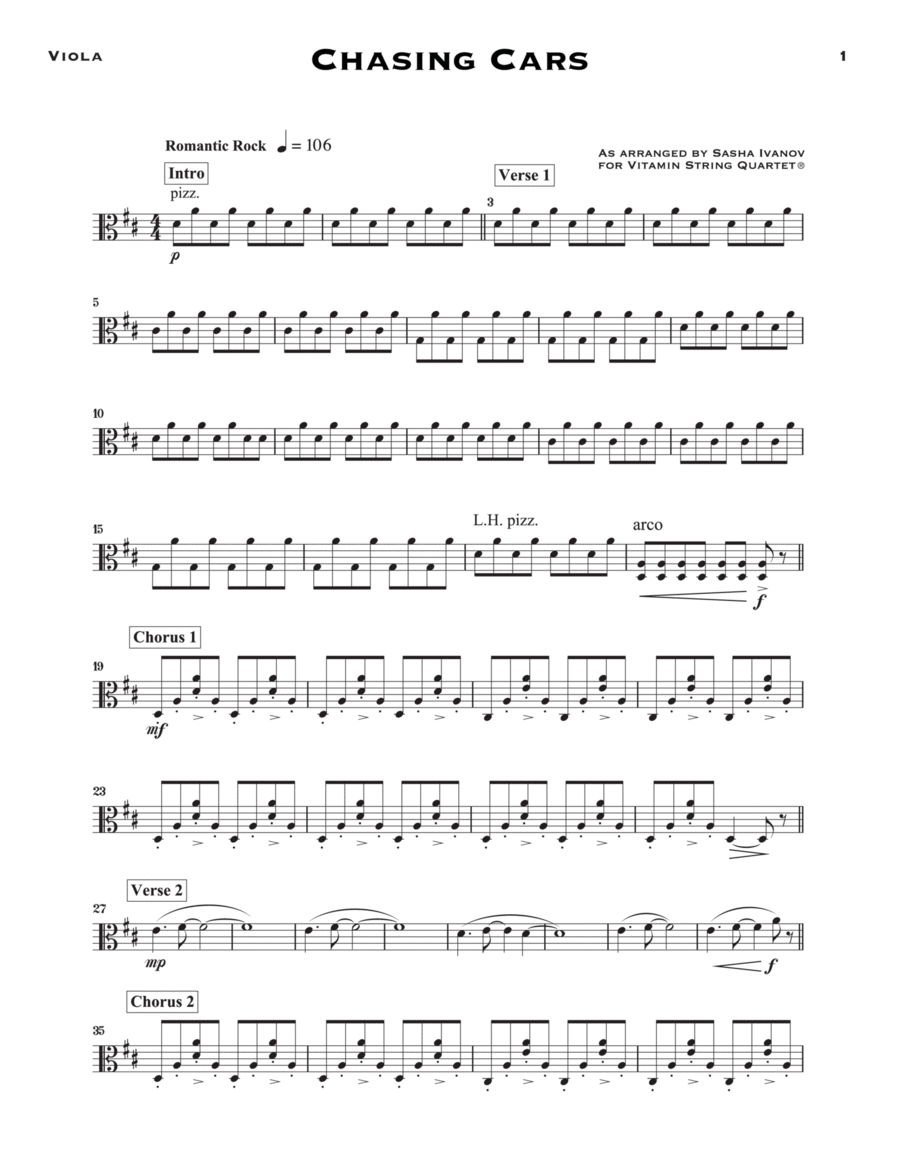 Chasing Cars (arr. Sasha Ivanov) - Viola String Quartet scores gallery preview page 1