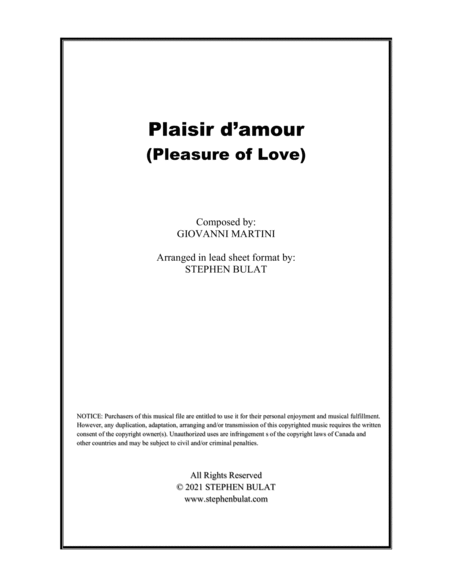 Plaisir d'amour (Pleasure of Love) - Lead sheet in original key of Eb