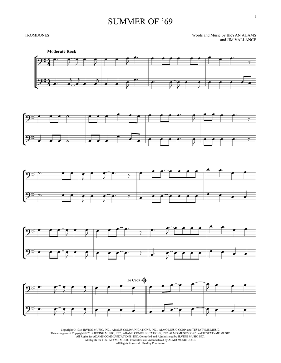 Summer Of '69 Trombone Duet scores gallery preview page 1