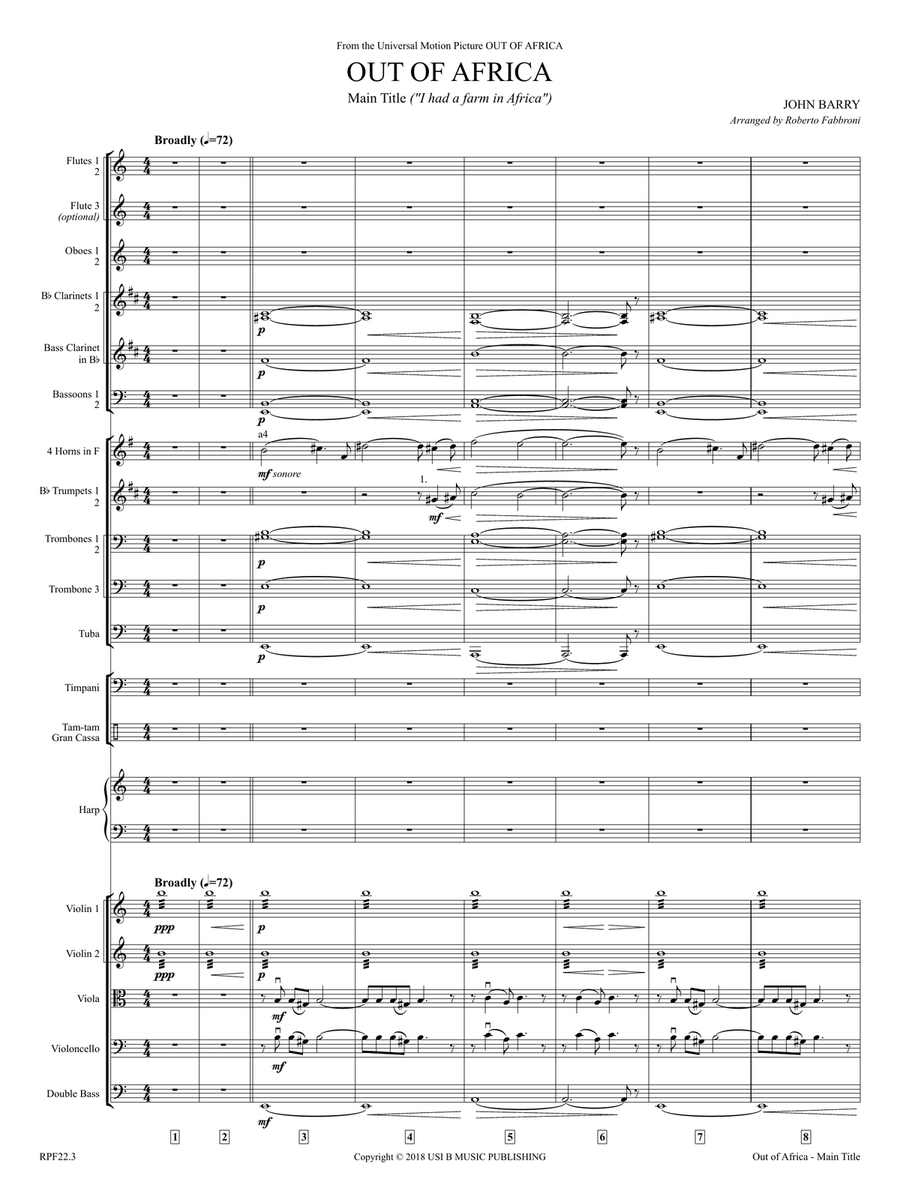 Main Title - Out Of Africa Full Orchestra scores gallery preview page 1