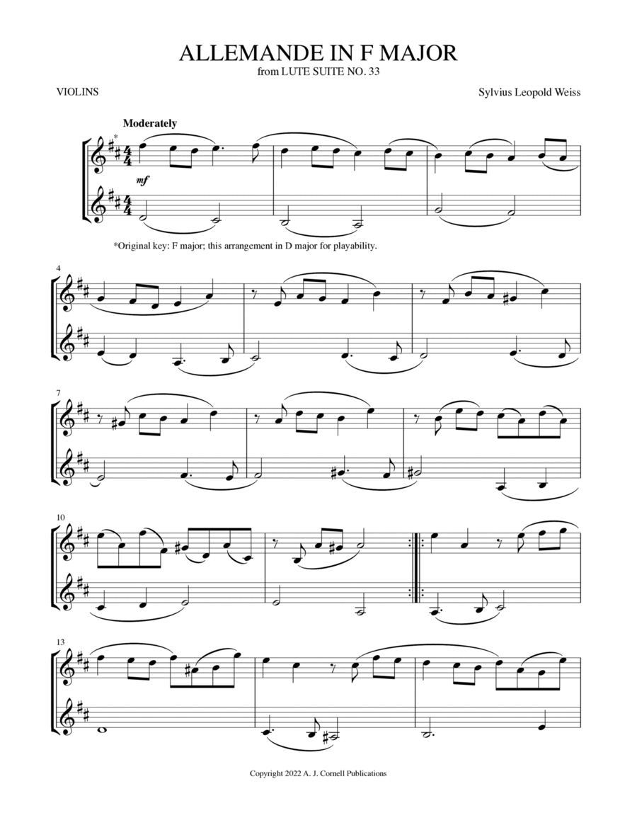 Allemande in F Major (from Lute Suite No. 33) String Duet scores gallery preview page 1