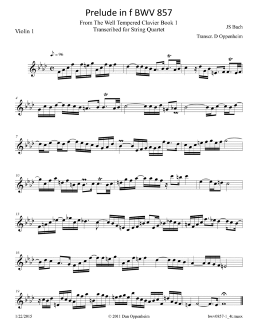 Bach: Prelude in F minor from The Well Tempered Clavier BWV 857 arr. for String Quartet String Quartet scores gallery preview page 4