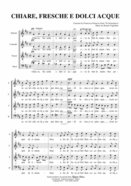 CHIARE, FRESCHE E DOLCI ACQUE - (F. Petrarca) - For SATB Choir - Score Only image number null