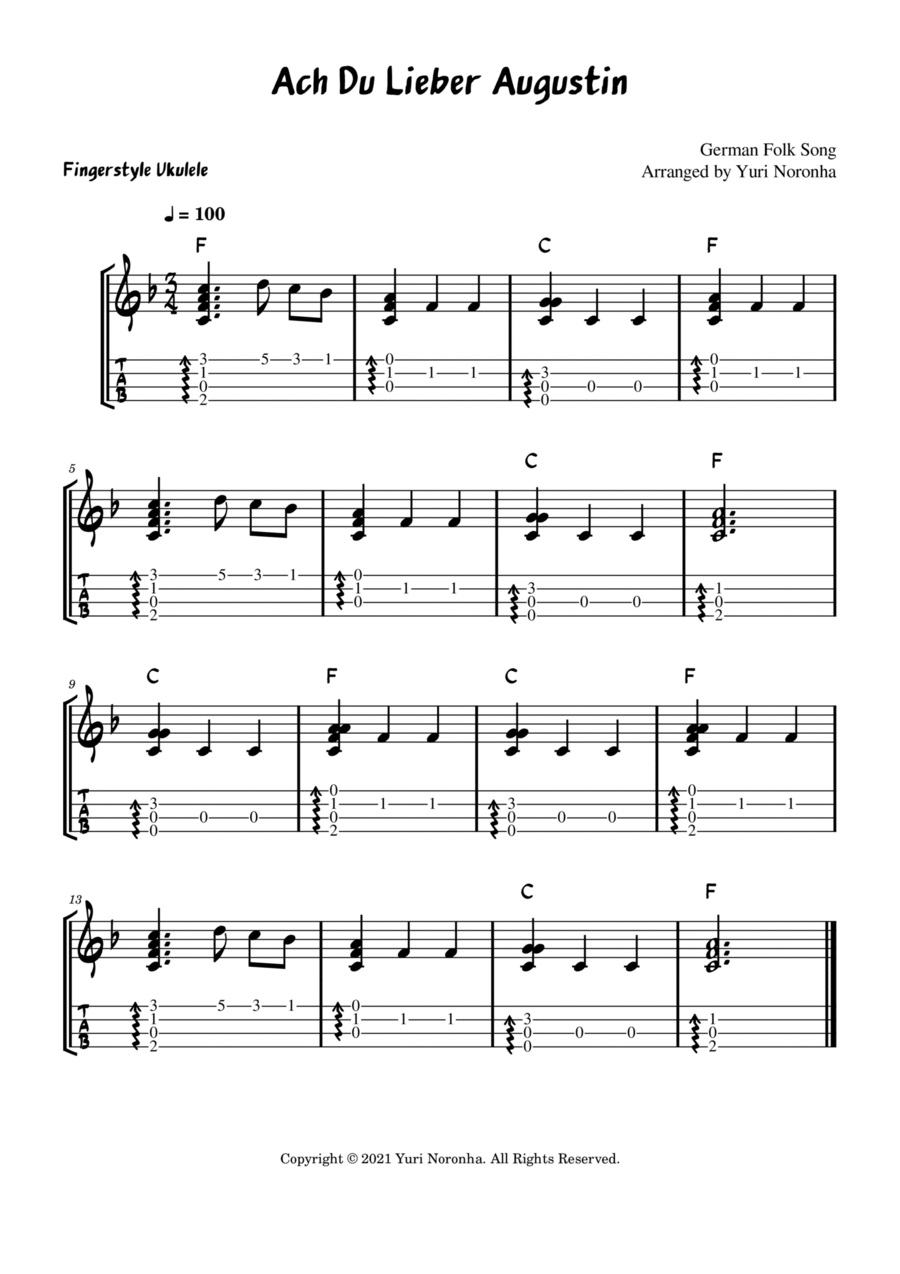 Ach Du Lieber Augustin - Fingerstyle Ukulele (Very easy German Folk Song) Ukulele scores gallery preview page 1
