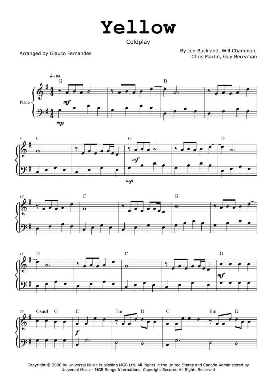 Yellow Easy Piano scores gallery preview page 1