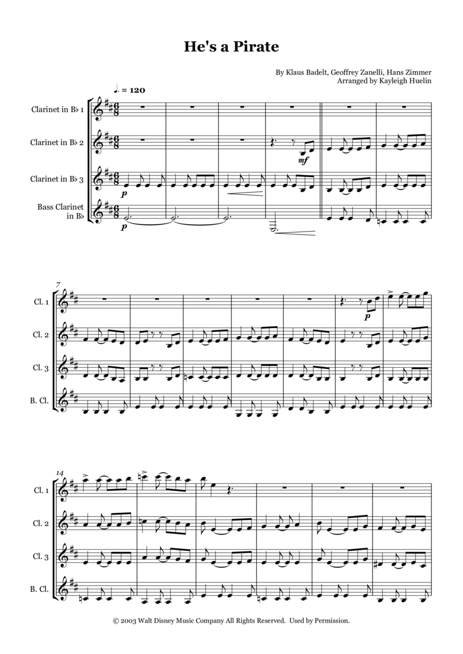 He's A Pirate Clarinet Quartet scores gallery preview page 1