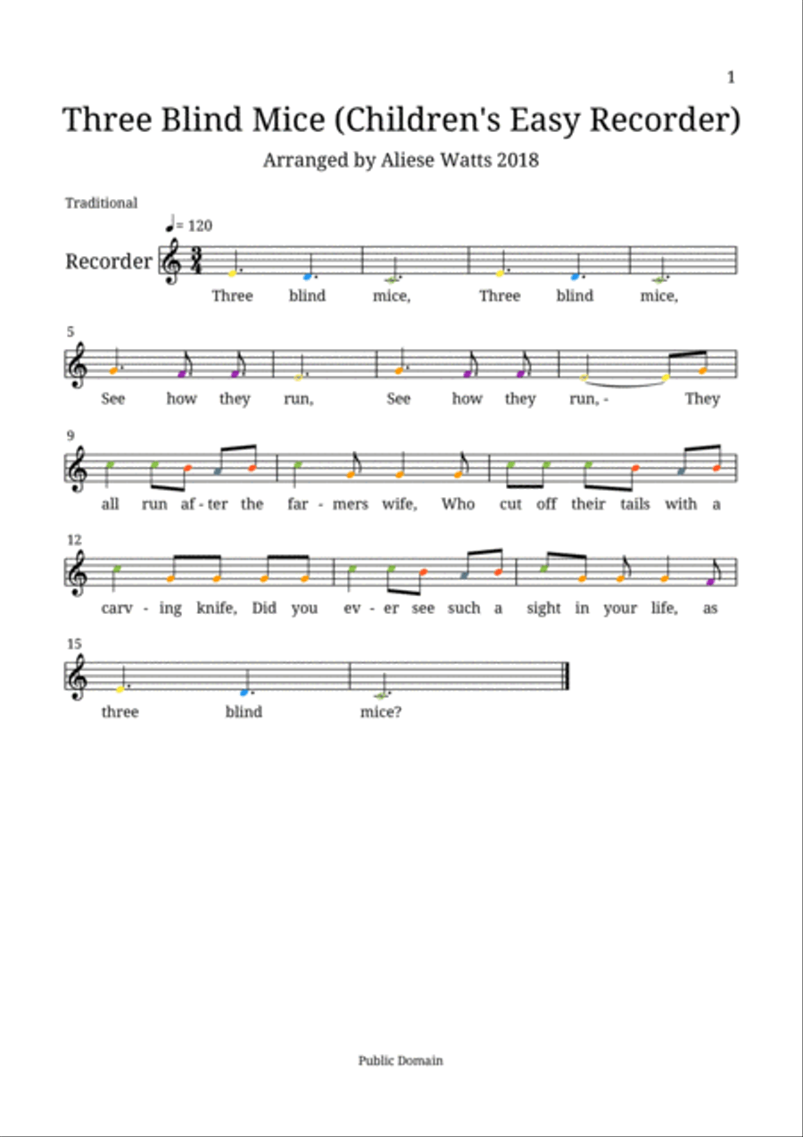 Three Blind Mice (Children's Easy Recorder) Recorder scores gallery preview page 1