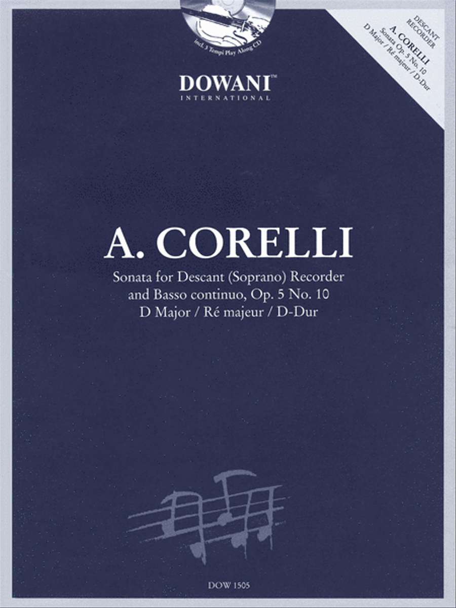 Corelli: Sonata for Descant (Soprano) Recorder & Basso Continuo Op. 5, No. 10 D Major Soprano Recorder scores gallery preview page 1