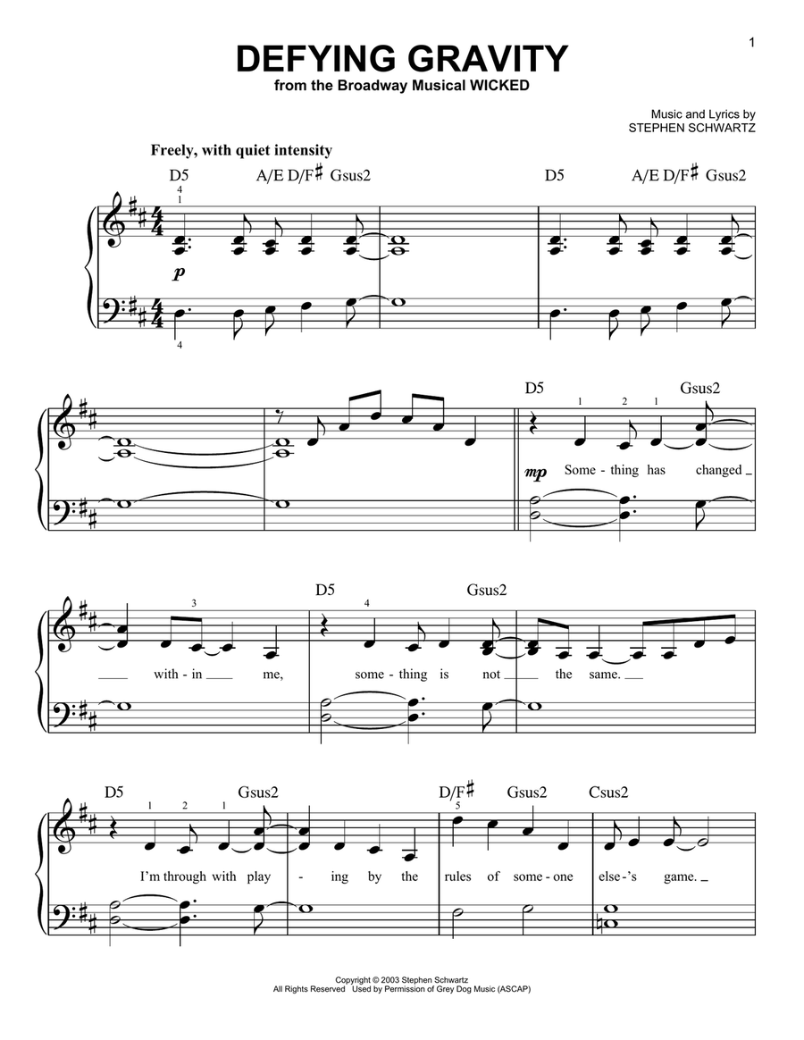 Defying Gravity (from Wicked) Easy Piano scores gallery preview page 1
