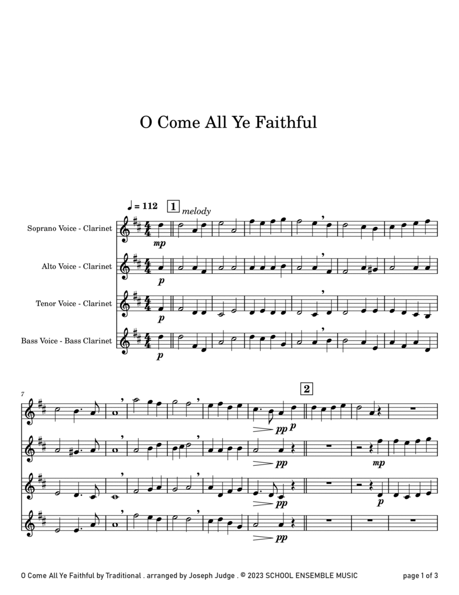O Come All Ye Faithful for Clarinet Quartet in Schools Clarinet Quartet scores gallery preview page 1