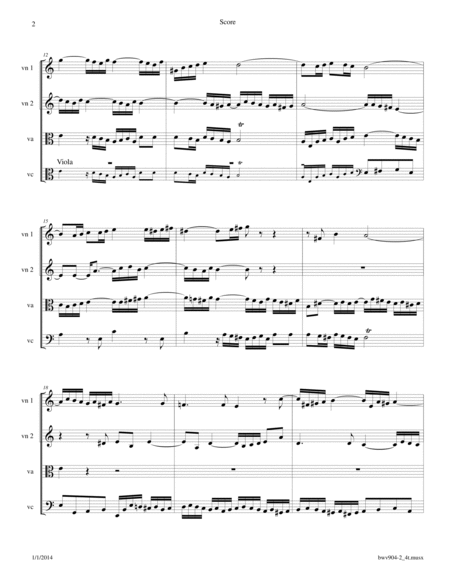 Bach: Fugue in a, BWV 904 arranged for String Quartet image number null