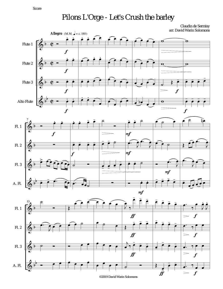 Pilons l'orge (Let's crush the barley) arranged for flute quartet (3 flutes and 1 alto flute) Flute Quartet scores gallery preview page 1