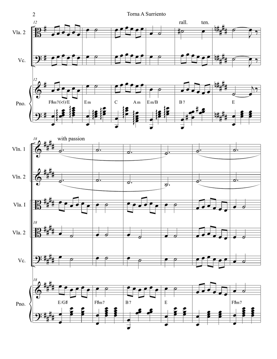 Torna A Surriento (Come Back To Sorrento) (for String Quintet and Piano) Piano Quartet scores gallery preview page 3