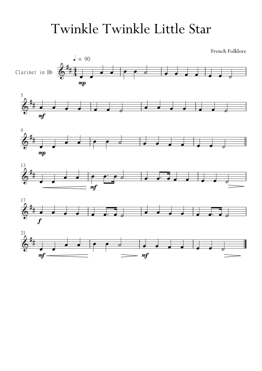 Twinkle Twinkle Little Star for Clarinet in C Major. Very Easy. Clarinet Solo scores gallery preview page 1