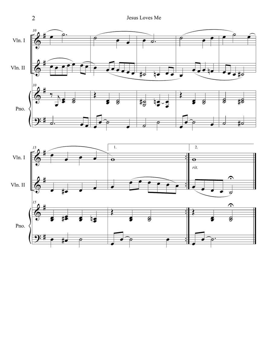 Jesus Loves Me (violin duet) with optional piano accompaniment String Duet scores gallery preview page 2