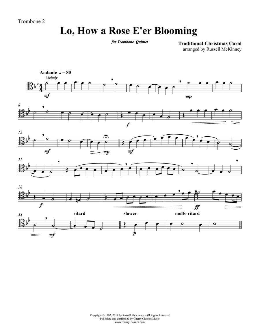 Traditional Christmas - Lo, How a Rose E'er Blooming for Trombone Quintet Small Ensemble scores gallery preview page 4