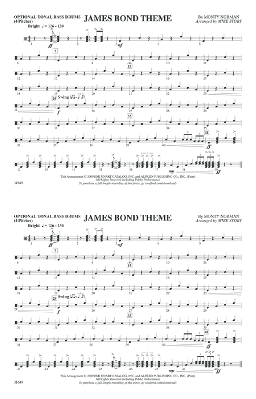 James Bond Theme: Tonal Bass Drum Marching Band scores gallery preview page 1