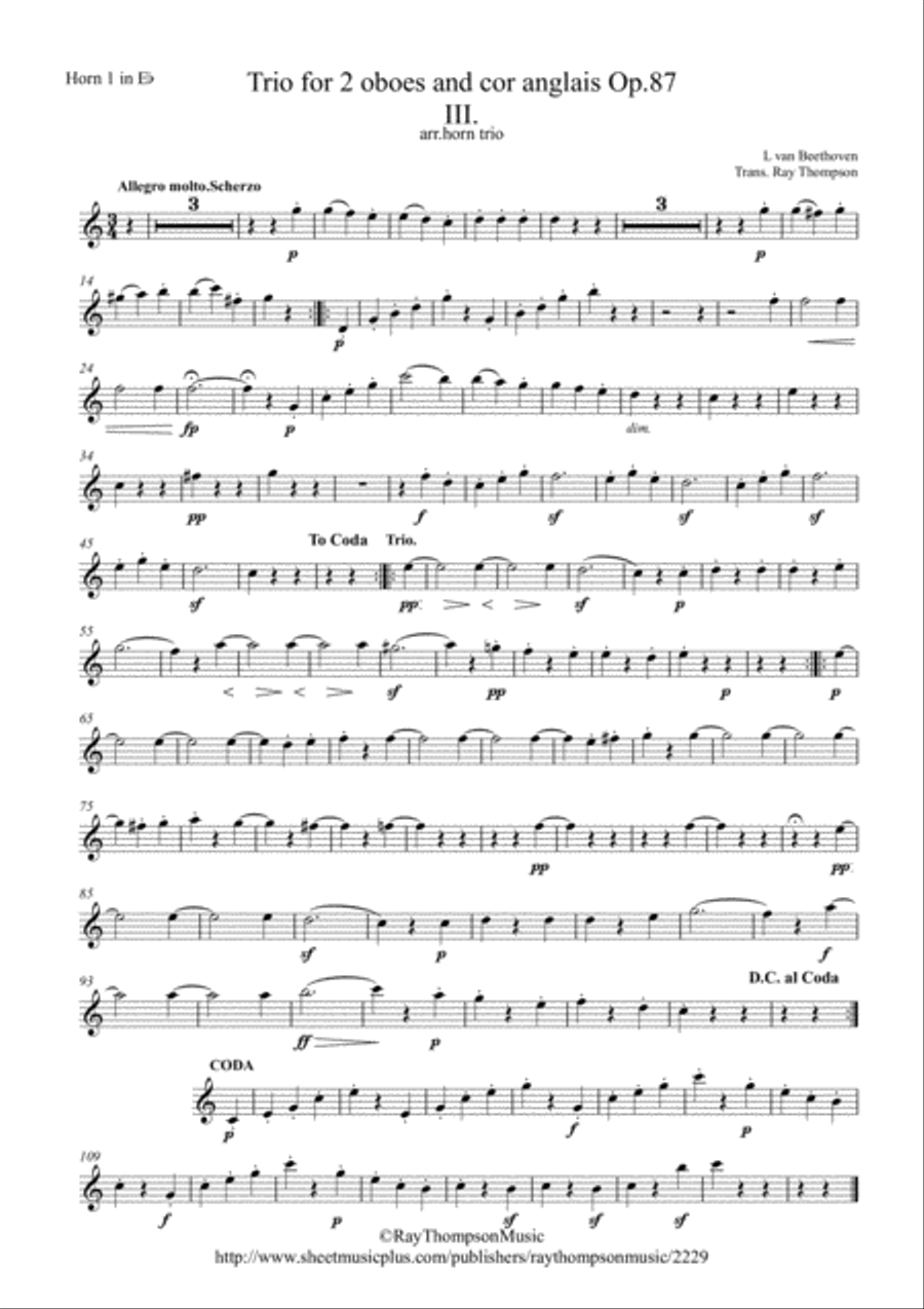 Beethoven: Wind Trio in C Major Op.87 Mvt.III Menuetto and Trio - horn trio Woodwind Trio scores gallery preview page 3