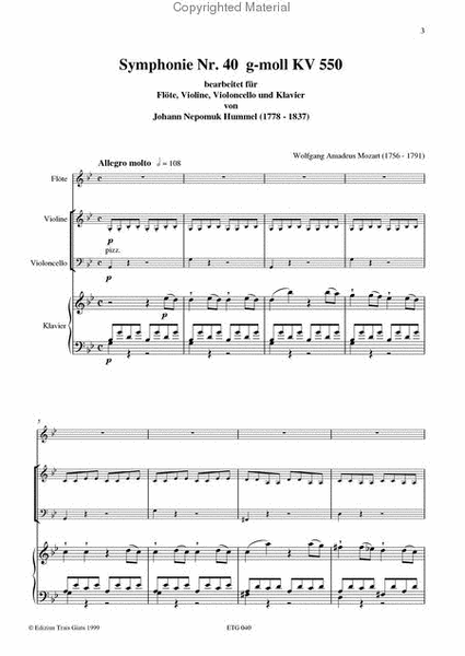 Symphonie Nr. 40 "Prager" in der Bearbeitung von Johann Nepomuk Hummel