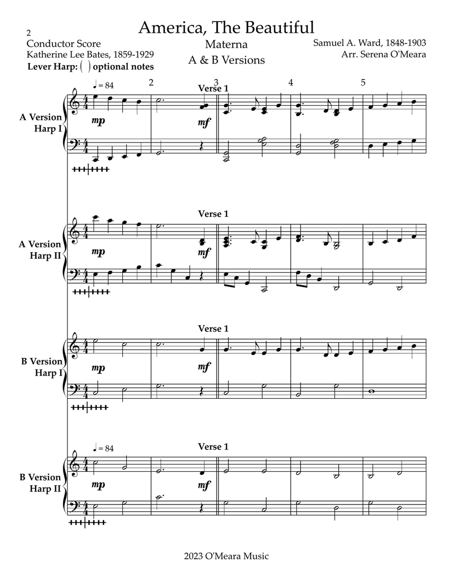 America The Beautiful, Multi-Level Duet for Harps, Conductor Score Pedal Harp scores gallery preview page 2