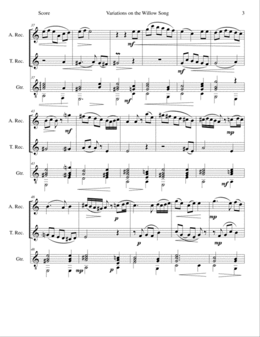 Variations on The Willow Song for alto and tenor recorders and guitar Alto Recorder scores gallery preview page 3