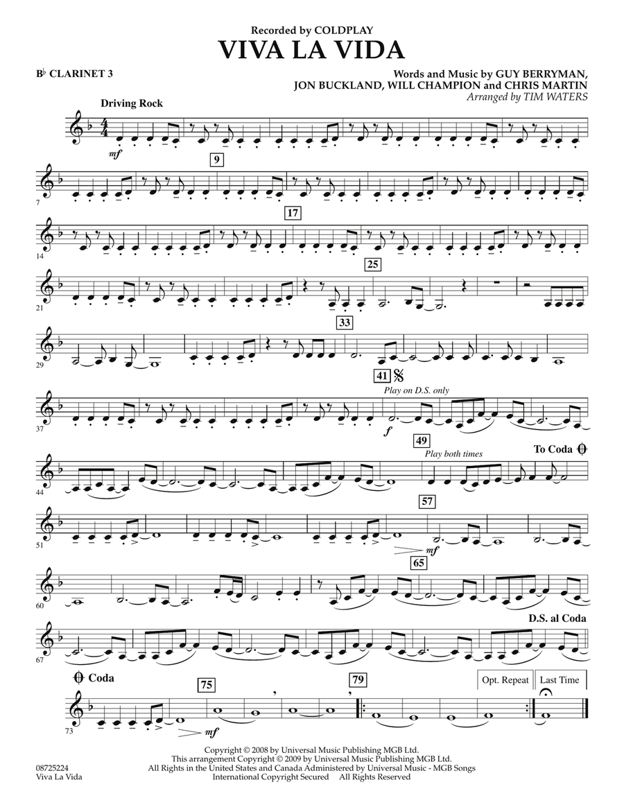 Viva La Vida - Bb Clarinet 3 Concert Band scores gallery preview page 1