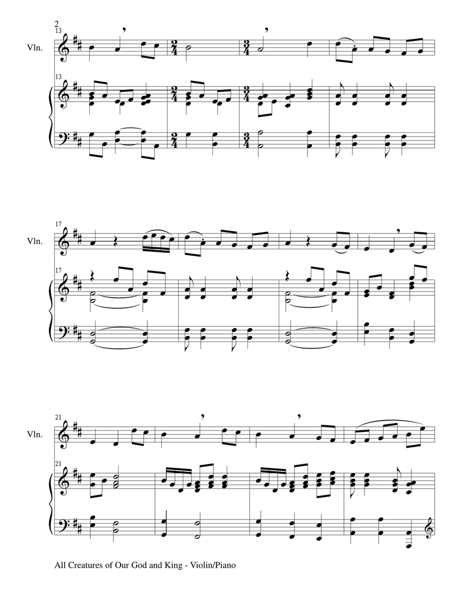 ALL CREATURES OF OUR GOD AND KING (Duet – Violin and Piano/Score and Parts) Violin scores gallery preview page 2