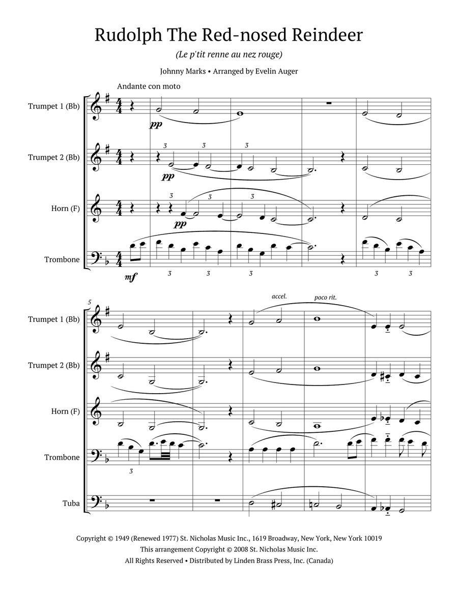 Rudolph The Red-nosed Reindeer Brass Quintet scores gallery preview page 2