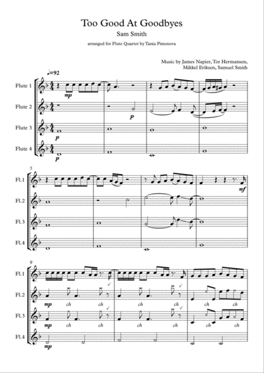 Too Good At Goodbyes Woodwind Quartet scores gallery preview page 1