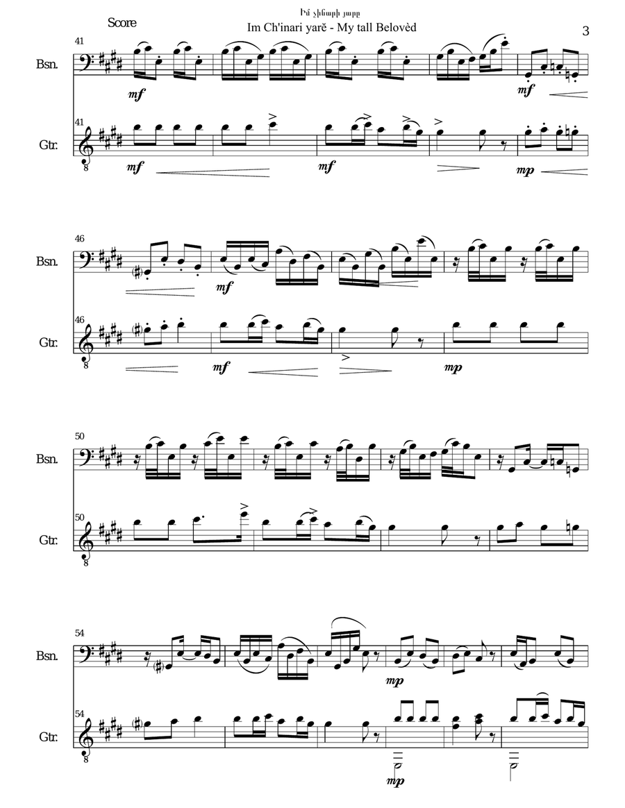 Իմ չինարի յարը Im ch'inari yarĕ (My tall belovèd ) for bassoon and guitar Bassoon scores gallery preview page 3