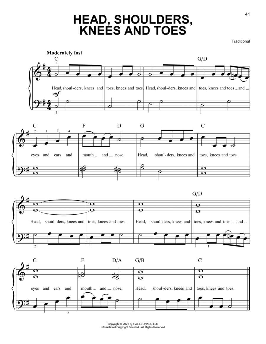Head, Shoulders, Knees And Toes Easy Piano scores gallery preview page 1