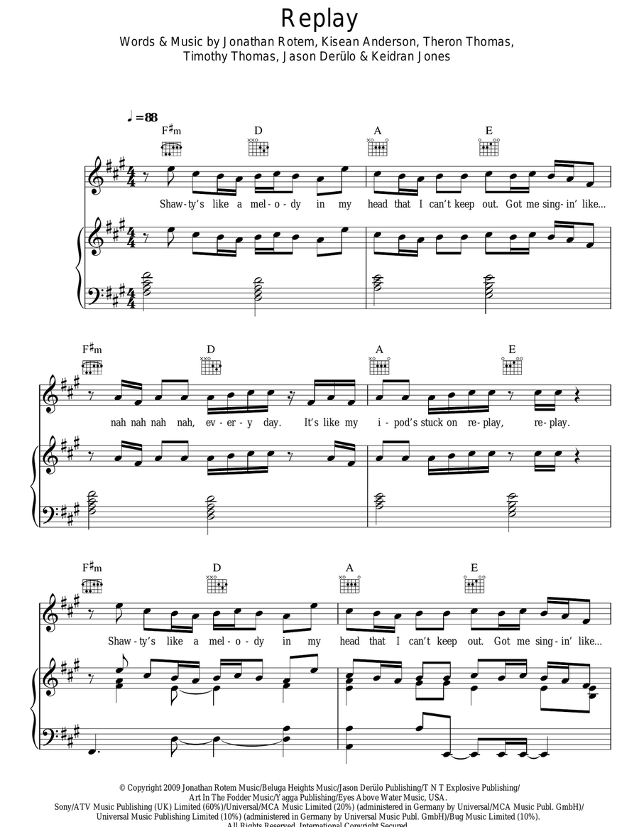Replay Replay Piano, Vocal, Guitar scores gallery preview page 1