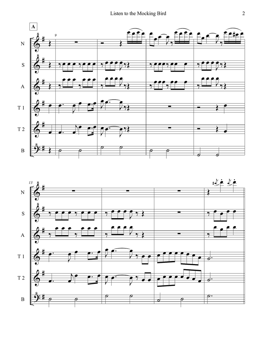 Listen to the Mocking Bird for Recorder Sextet Recorder scores gallery preview page 4